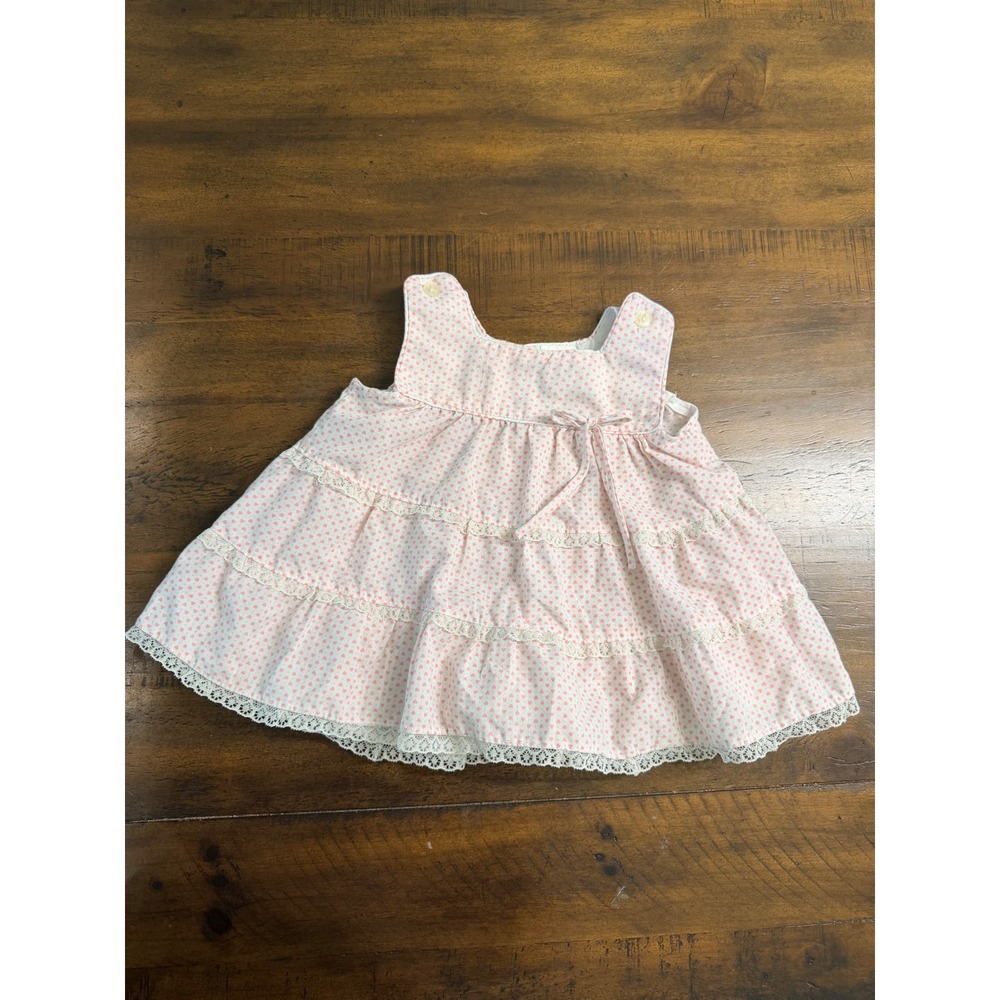 Vintage Babyfair Pink Heart Print Tiered Lace Trim Dress 12 Months Sleeveless